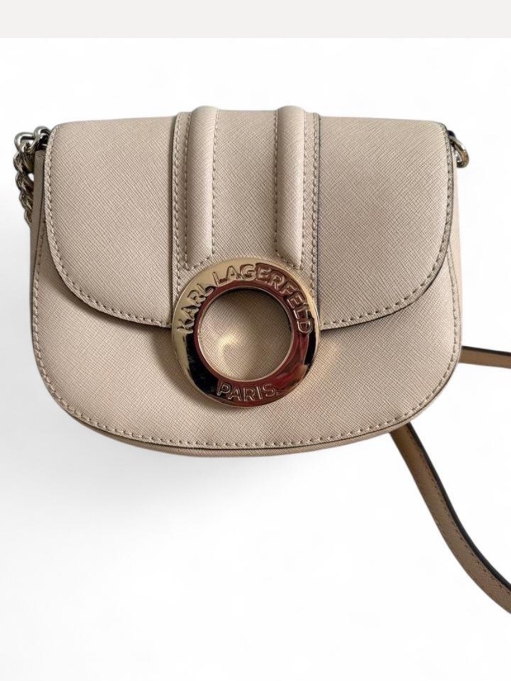Karl Lagerfeld Paris Mercerie Saddle Crossbody Bag Cream w/ Gold Hardware